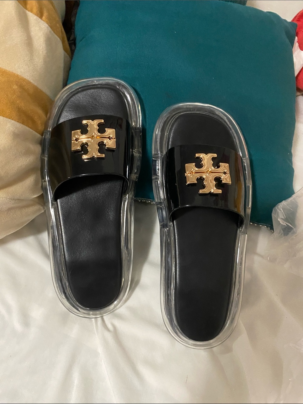 Tory Burch Black Slide Sandals with Gold Logo
